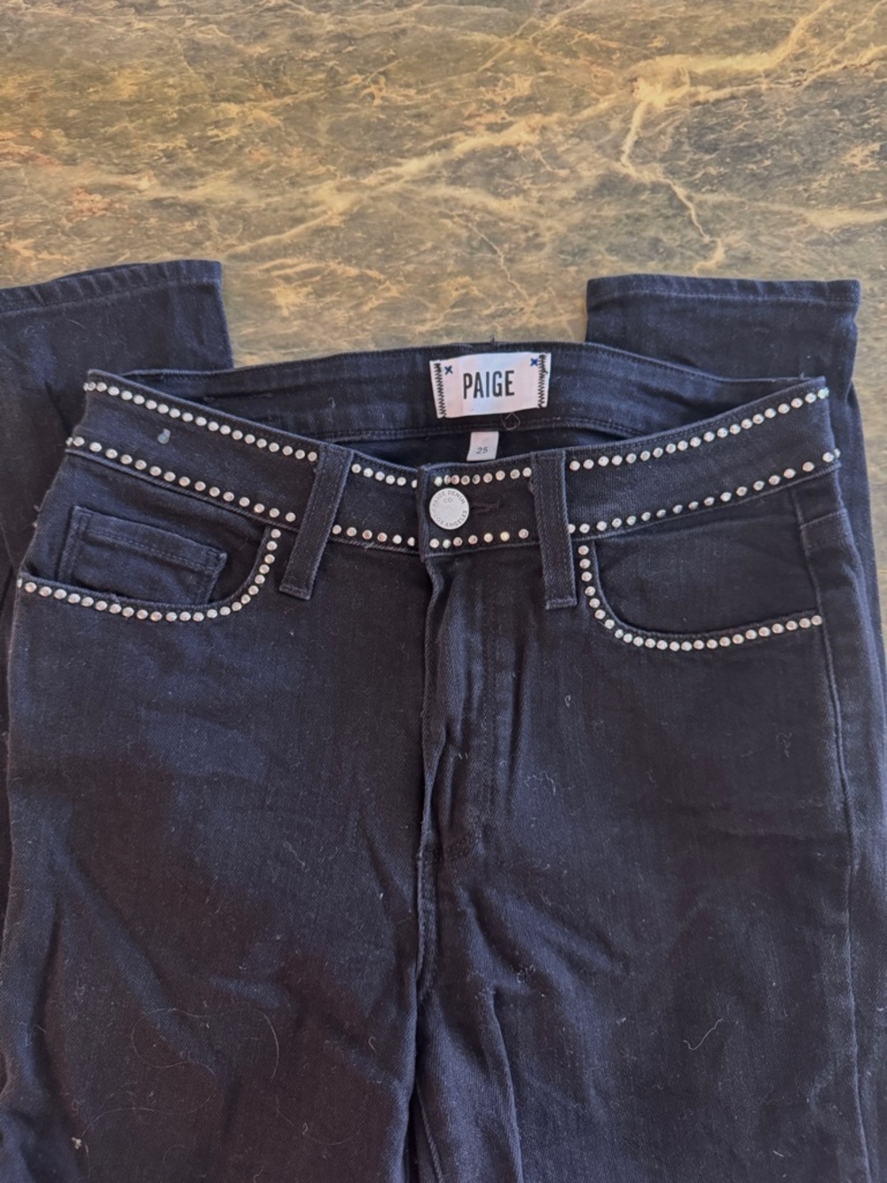 PAIGE Black Skinny Jeans with Silver Stud Trim - 25